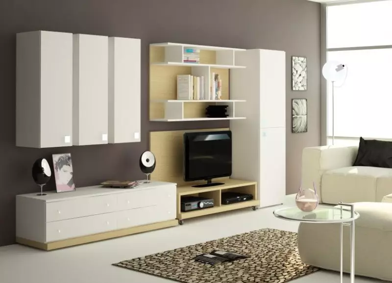 Modulārās mēbeles laikmetīgajā stilā dzīvojamā istabā (60 fotogrāfijas): izvēlieties moduļus dzīvojamā istabā televizora zonā, plauktos un citās modulārās sistēmās 9725_17