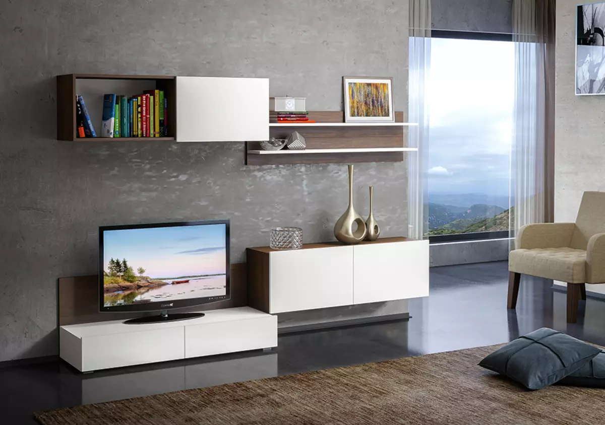 Oturma odası için çağdaş bir tarzda modüler mobilya (60 fotoğraf): TV alanındaki oturma odası, raflar ve diğer modüler sistemler için modülleri seçin. 9725_22