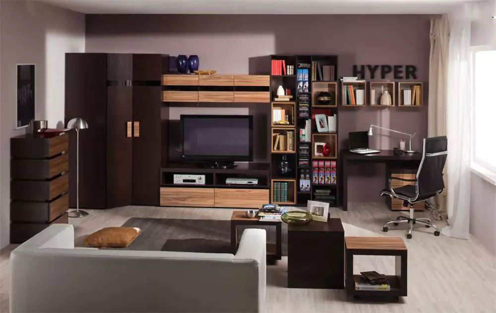 Modulárny nábytok v modernom štýle pre obývaciu izbu (60 fotografií): Vyberte moduly pre obývaciu izbu v televíznej oblasti, police a iných modulárnych systémoch 9725_24