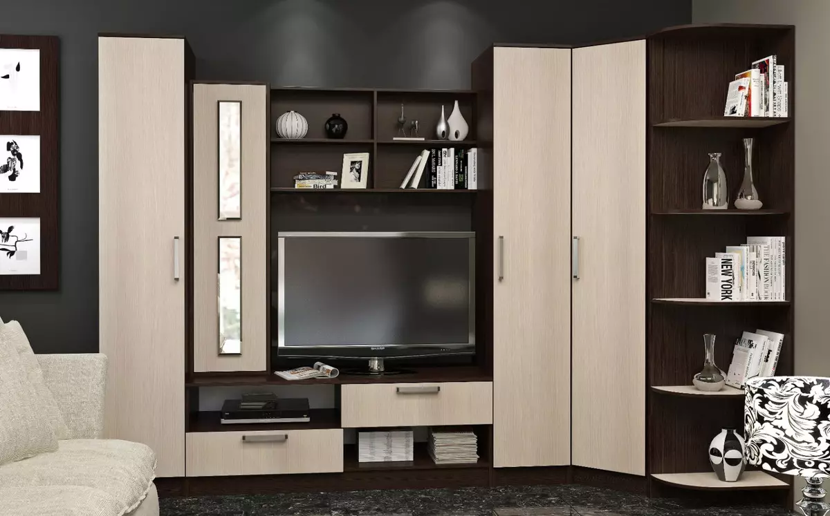 Oturma odası için çağdaş bir tarzda modüler mobilya (60 fotoğraf): TV alanındaki oturma odası, raflar ve diğer modüler sistemler için modülleri seçin. 9725_28