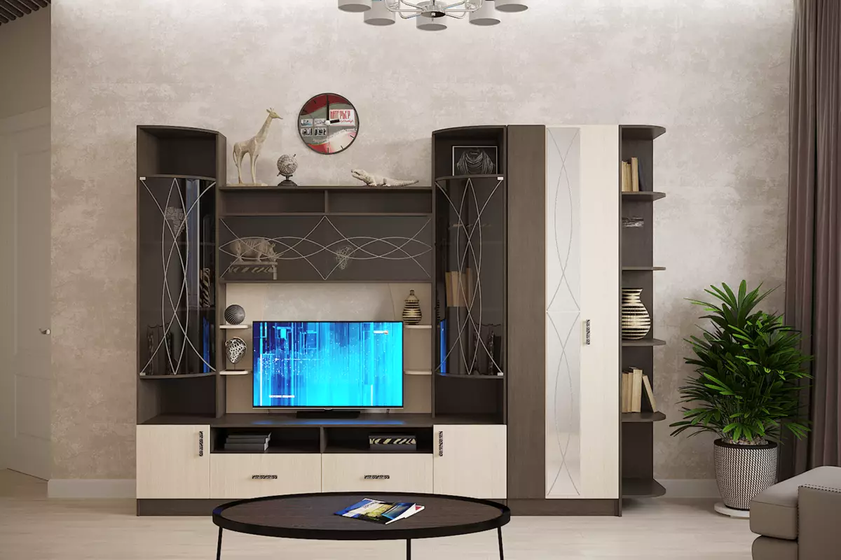 Oturma odası için çağdaş bir tarzda modüler mobilya (60 fotoğraf): TV alanındaki oturma odası, raflar ve diğer modüler sistemler için modülleri seçin. 9725_37