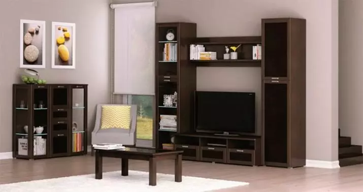 Modulárny nábytok v modernom štýle pre obývaciu izbu (60 fotografií): Vyberte moduly pre obývaciu izbu v televíznej oblasti, police a iných modulárnych systémoch 9725_43