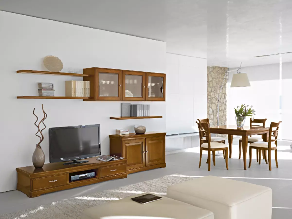 Modulárny nábytok v modernom štýle pre obývaciu izbu (60 fotografií): Vyberte moduly pre obývaciu izbu v televíznej oblasti, police a iných modulárnych systémoch 9725_55
