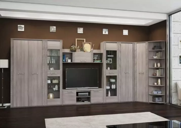 Modulárny nábytok v modernom štýle pre obývaciu izbu (60 fotografií): Vyberte moduly pre obývaciu izbu v televíznej oblasti, police a iných modulárnych systémoch 9725_57