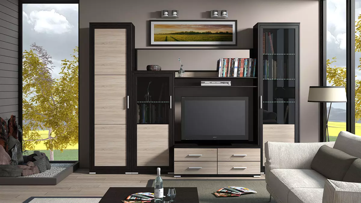 Mobilje modulare në një stil bashkëkohor për dhomën e ndenjes (60 foto): Zgjidhni Modulet për dhomën e ndenjes në zonën e TV, raftet dhe sistemet e tjera modulare 9725_8