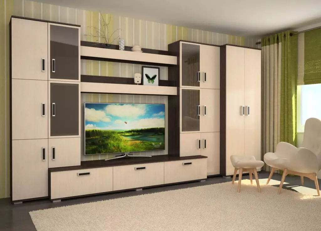 テレビの下のリビングルームの家具（47枚の写真）：ホールのどのような種類の家具がテレビのゾーンに適していますか？最高の製造業者の評価 9728_12