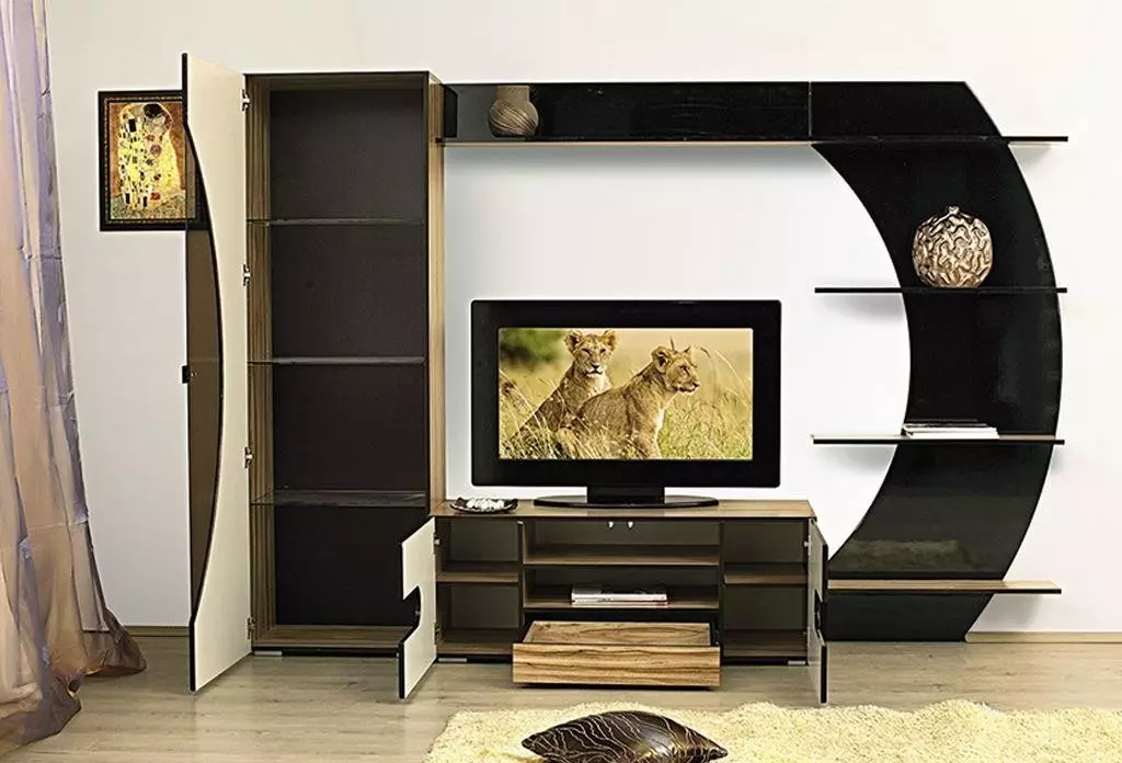 テレビの下のリビングルームの家具（47枚の写真）：ホールのどのような種類の家具がテレビのゾーンに適していますか？最高の製造業者の評価 9728_3