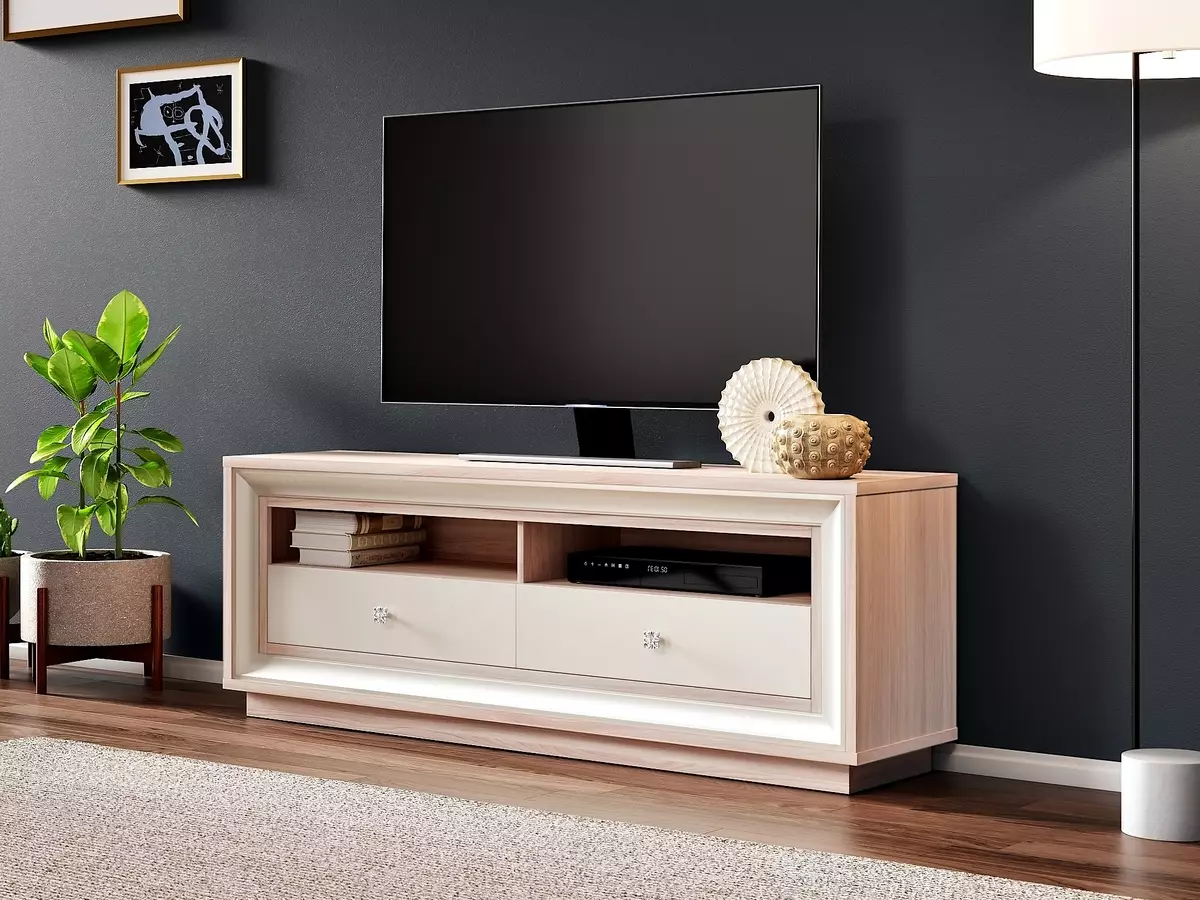 テレビの下のリビングルームの家具（47枚の写真）：ホールのどのような種類の家具がテレビのゾーンに適していますか？最高の製造業者の評価 9728_40