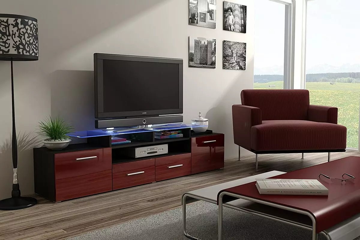 テレビの下のリビングルームの家具（47枚の写真）：ホールのどのような種類の家具がテレビのゾーンに適していますか？最高の製造業者の評価 9728_43