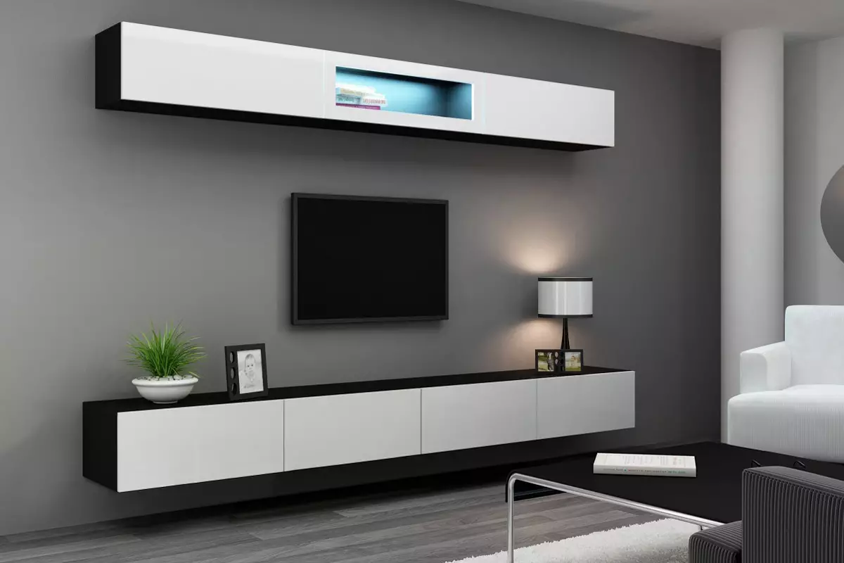 テレビの下のリビングルームの家具（47枚の写真）：ホールのどのような種類の家具がテレビのゾーンに適していますか？最高の製造業者の評価 9728_8