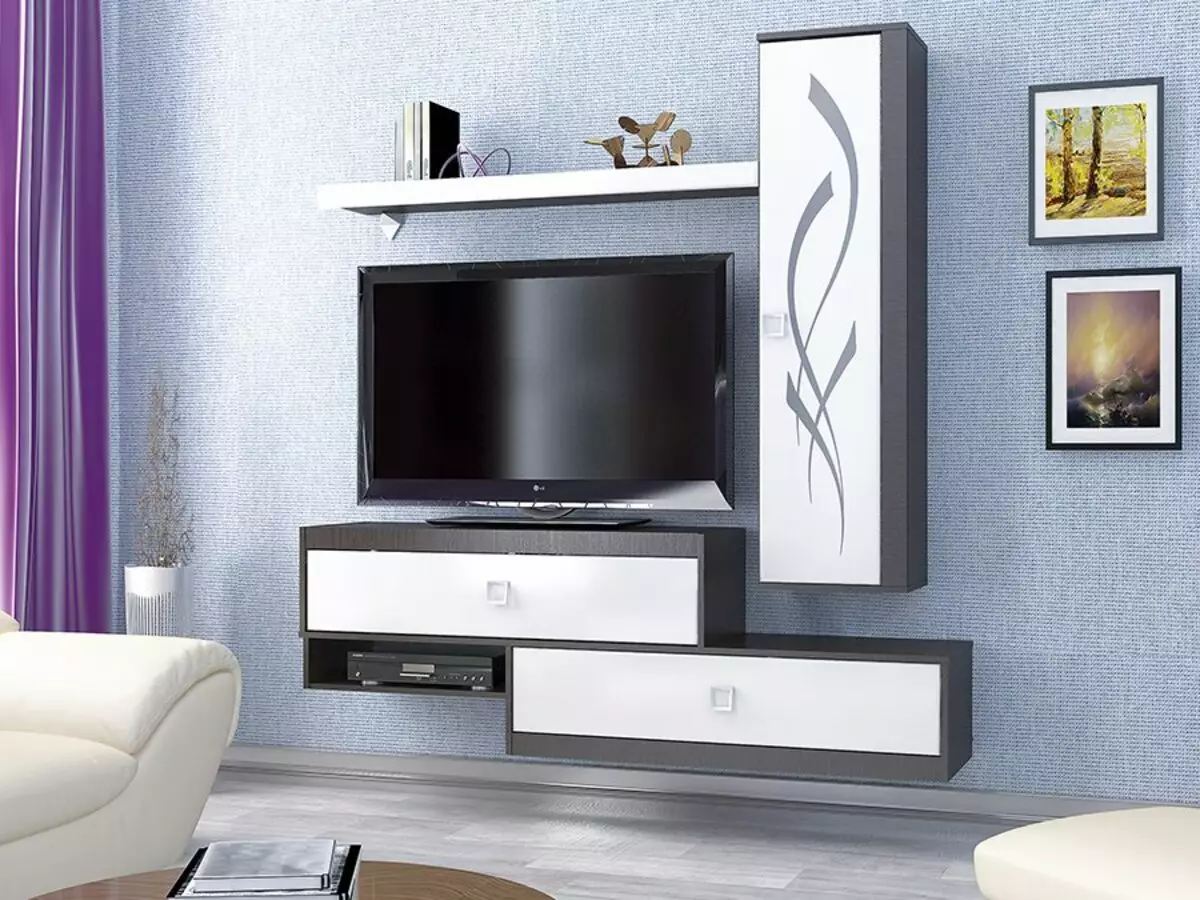 テレビの下のリビングルームの家具（47枚の写真）：ホールのどのような種類の家具がテレビのゾーンに適していますか？最高の製造業者の評価 9728_9