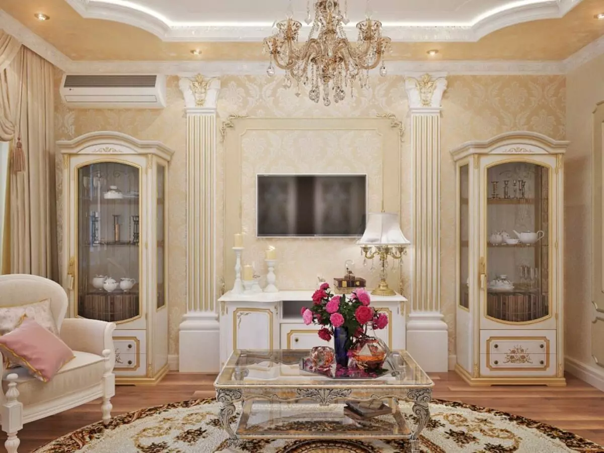 Mobilje të ndritshme për dhomën e ndenjes: mobilje në stilet klasike dhe të tjera në tonet e bardha në brendësi të sallës 9731_40