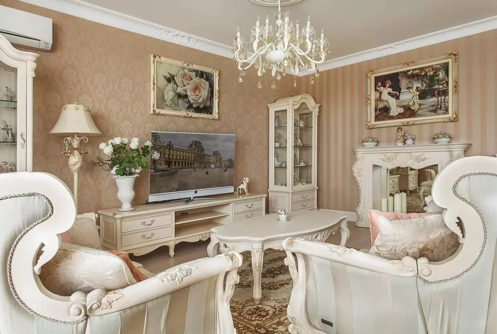 Oturma odası için parlak mobilyalar: Klasik ve diğer tarzlarda mobilya salonun iç kısmında beyaz tonlarda 9731_44