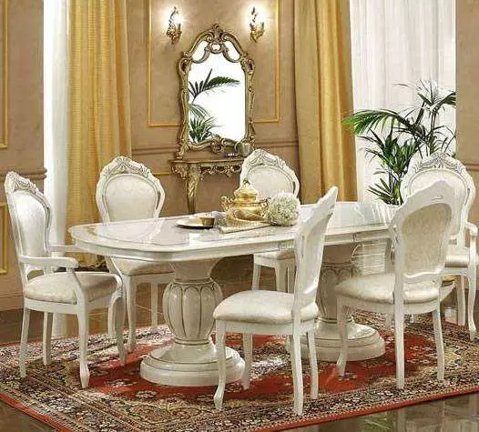 Mesa deslizante para a sala de estar: Dicas para escolher uma grande mesa de jantar oval e redonda. Revisão de mesas bonitas e modernas da produção russa. Exemplos interessantes 9732_44