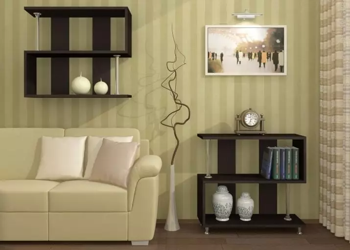 Scaffali nel soggiorno (49 foto): scaffali sul muro all'interno della sala, scaffali sul pavimento sotto TV e altre opzioni in un moderno e altro stile 9737_42