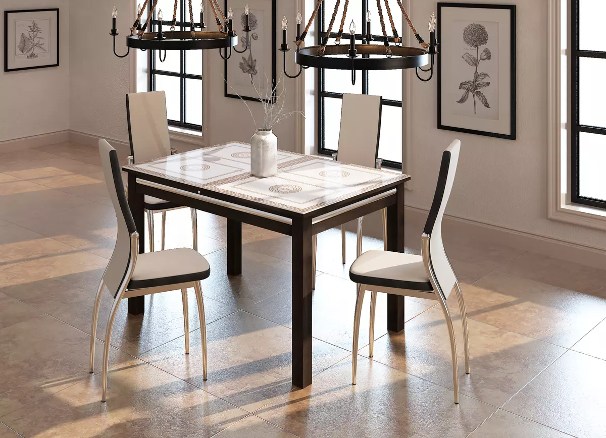 Tafels en stuollen foar de wenkeamer (56 foto's): Selektearje meubels foar de klassike styl Hall, moderne en klassike lunsjgroepen mei skúf tafel. 9742_3