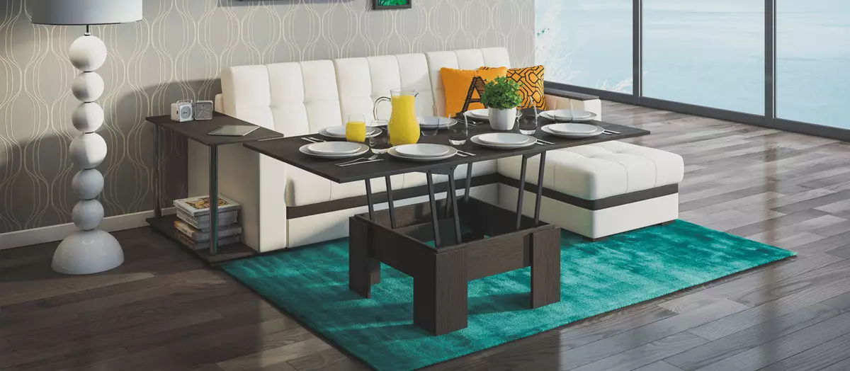 Pengubah meja untuk ruang tamu (62 foto): lipat makan meja bulat dan meja gelongsor-berdiri, meja konsol lipat dan model lain di dalam dewan 9745_19