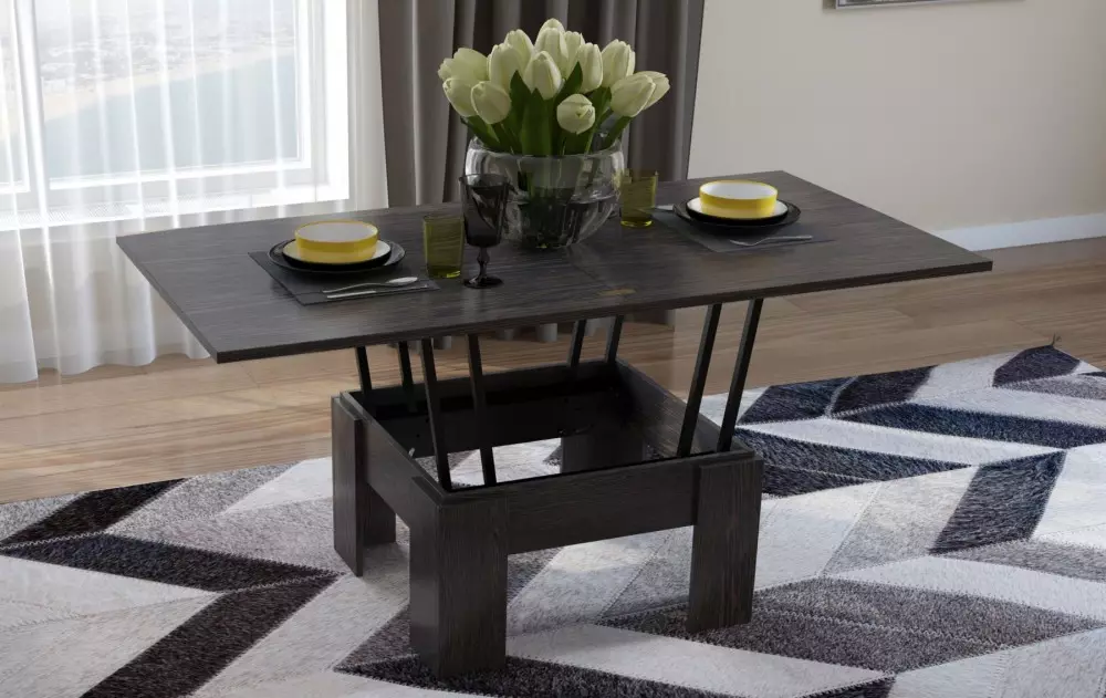 Pengubah meja untuk ruang tamu (62 foto): lipat makan meja bulat dan meja gelongsor-berdiri, meja konsol lipat dan model lain di dalam dewan 9745_45
