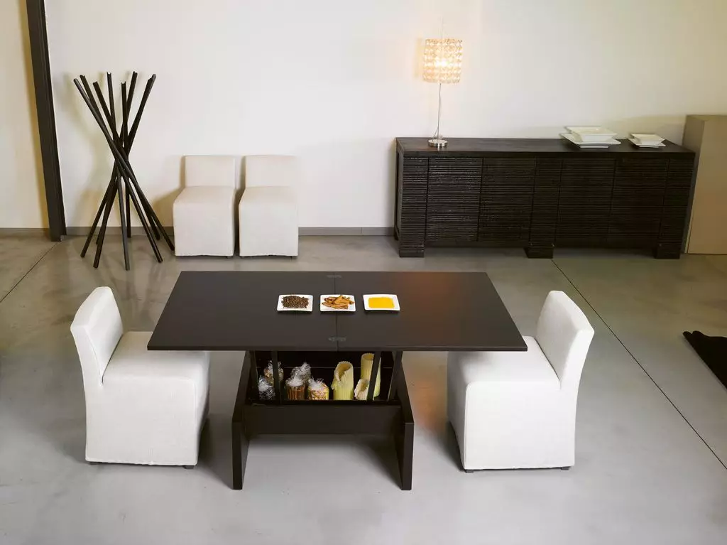 Transformátor pro obývací pokoj (62 fotografií): Skládací stolní kulaté stoly a posuvné stoly-stojany, skládací stoly konzoly a jiné modely v hale 9745_46