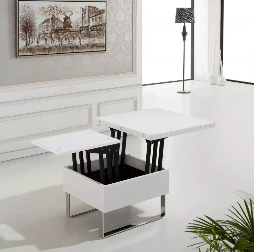Transformátor pro obývací pokoj (62 fotografií): Skládací stolní kulaté stoly a posuvné stoly-stojany, skládací stoly konzoly a jiné modely v hale 9745_6