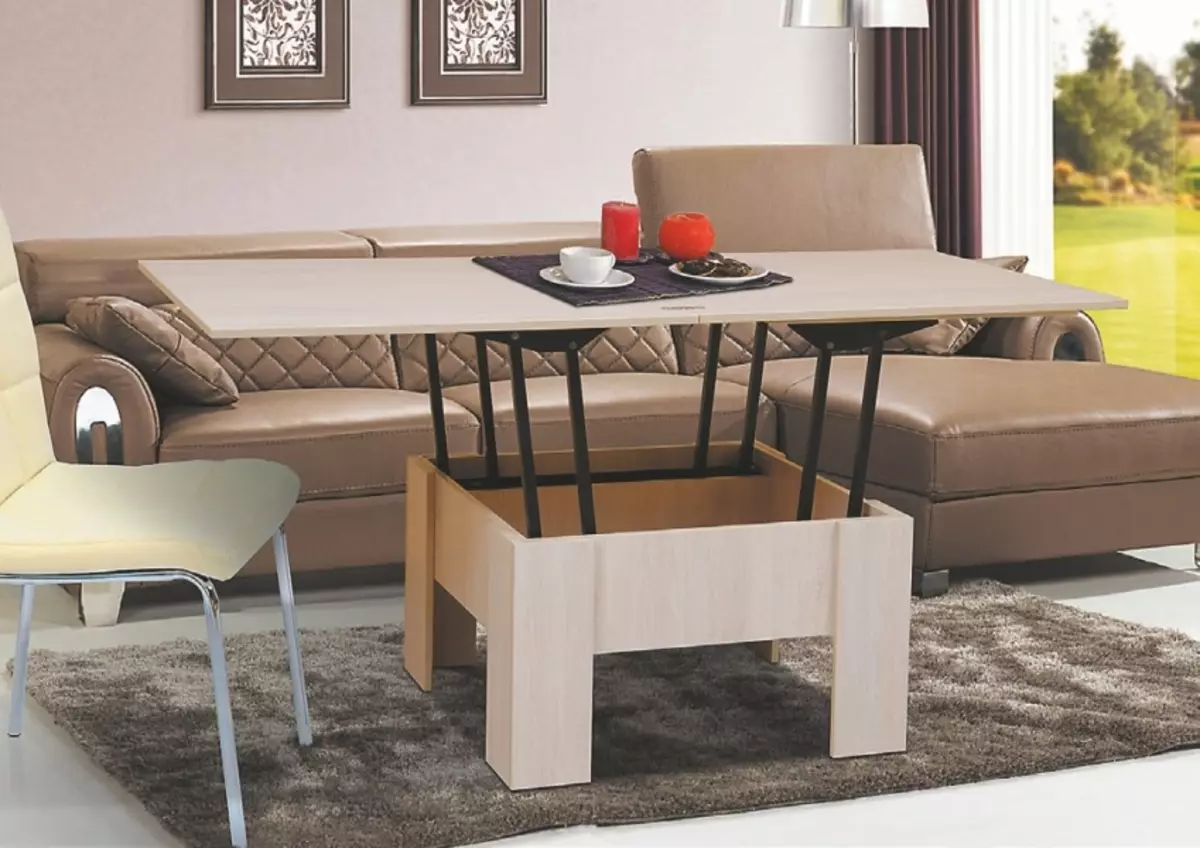 Pengubah meja untuk ruang tamu (62 foto): lipat makan meja bulat dan meja gelongsor-berdiri, meja konsol lipat dan model lain di dalam dewan 9745_62