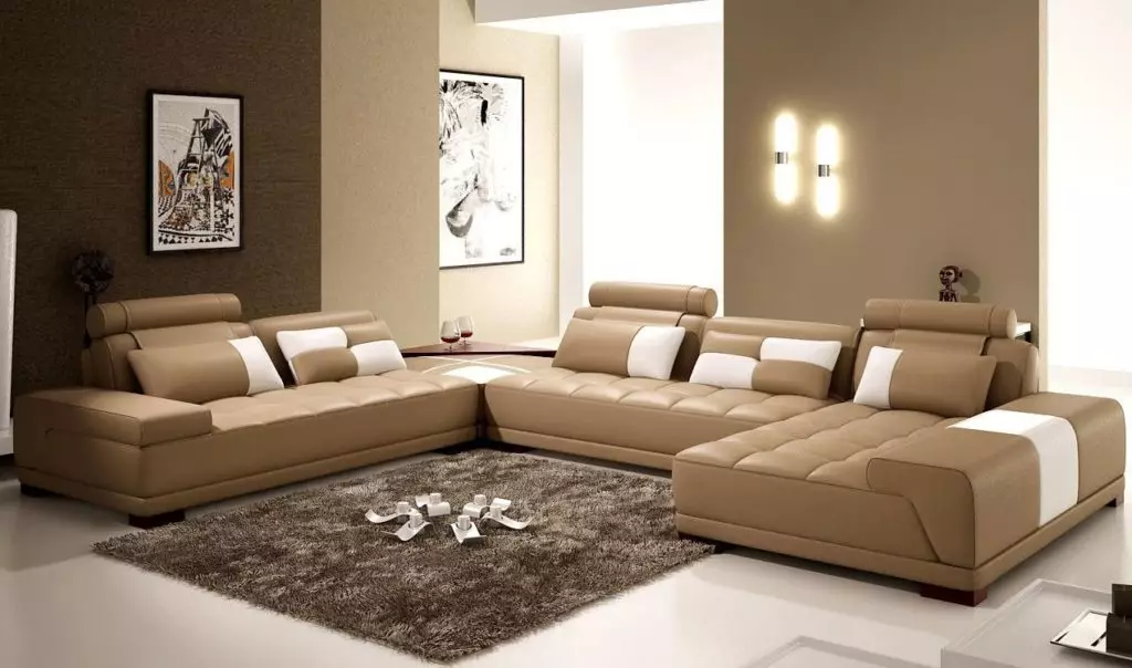 Siesas dzīvojamā istabā (157 fotogrāfijas): pārskats par mīkstajiem dīvāniem zālei, stilīgs pusapaļš un p-formas, neprofināls un elites taisnas dīvāni interjerā. Kā izvēlēties? 9758_17