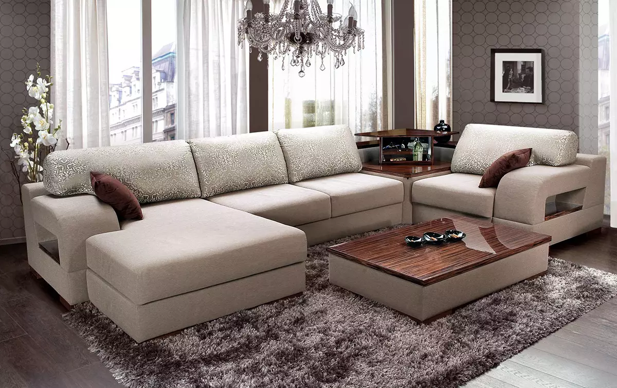 Siesas dzīvojamā istabā (157 fotogrāfijas): pārskats par mīkstajiem dīvāniem zālei, stilīgs pusapaļš un p-formas, neprofināls un elites taisnas dīvāni interjerā. Kā izvēlēties? 9758_3