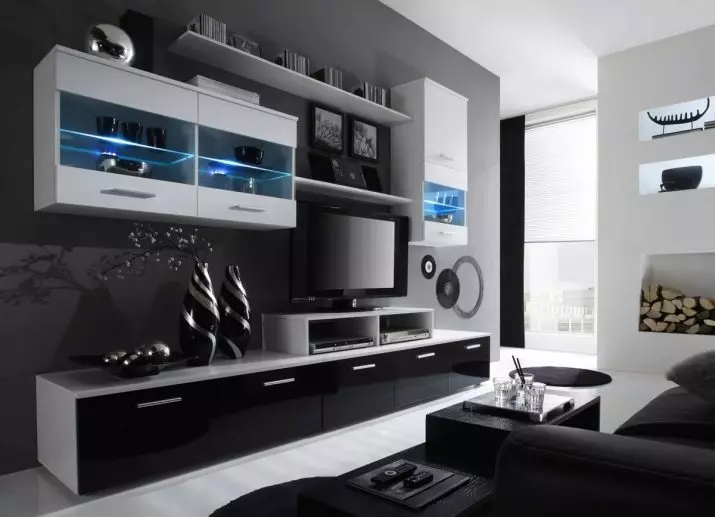 Стени под телевизора в хола (62 снимки): Изберете стените по телевизията в модерен и друг стил. Модели, изработени от гипсокартон под голямата телевизия в залата и други опции 9761_15