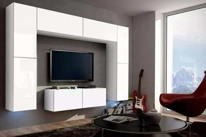 Mure onder die TV in die sitkamer (62 foto's): Kies die mure onder TV in 'n moderne en ander styl. Modelle gemaak van gips onder die groot TV in die saal en ander opsies 9761_18