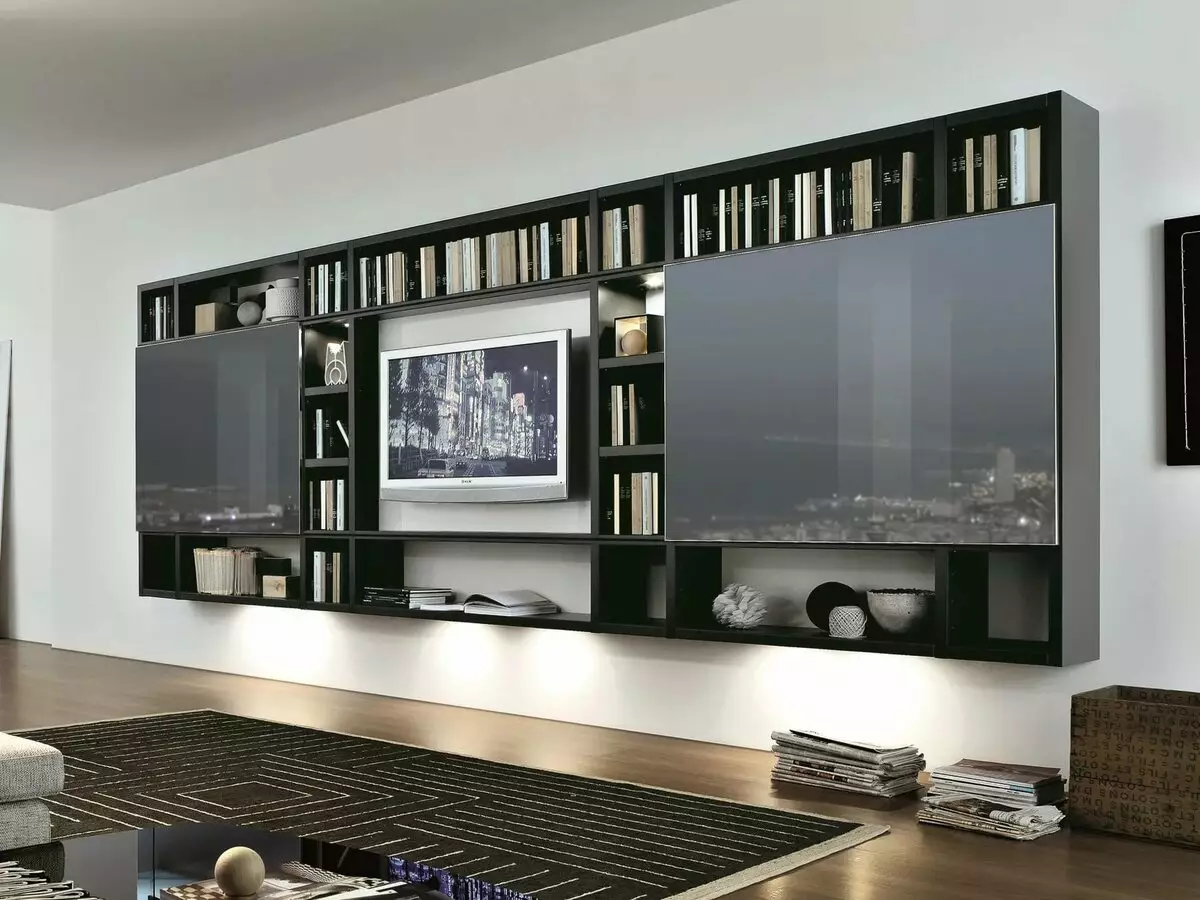 Tường dưới TV trong phòng khách (62 ảnh): Chọn các bức tường dưới TV trong một hiện đại và khác phong cách. Mô hình làm bằng vách thạch cao dưới TV lớn trong hội trường và các tùy chọn khác 9761_35