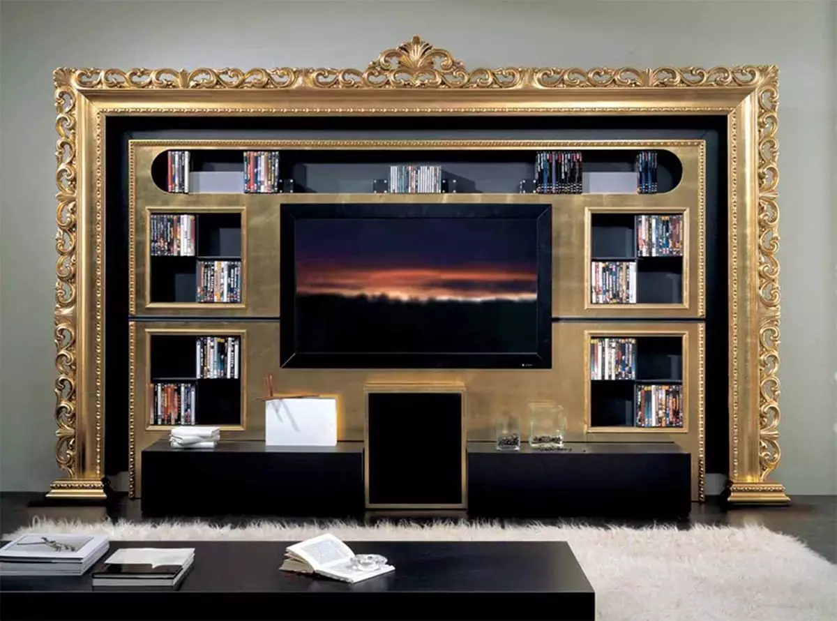 Paredes debajo del televisor en la sala de estar (62 fotos): seleccione las paredes debajo de la televisión en un estilo moderno y moderno. Modelos hechos de paneles de yeso bajo la televisión grande en el pasillo y otras opciones. 9761_38