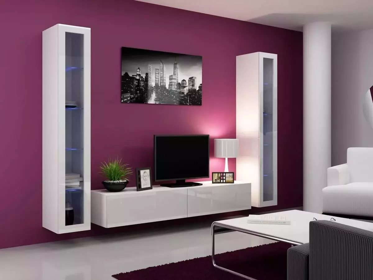 Tường dưới TV trong phòng khách (62 ảnh): Chọn các bức tường dưới TV trong một hiện đại và khác phong cách. Mô hình làm bằng vách thạch cao dưới TV lớn trong hội trường và các tùy chọn khác 9761_4