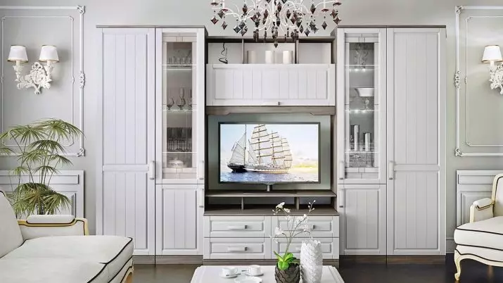 Tường dưới TV trong phòng khách (62 ảnh): Chọn các bức tường dưới TV trong một hiện đại và khác phong cách. Mô hình làm bằng vách thạch cao dưới TV lớn trong hội trường và các tùy chọn khác 9761_47