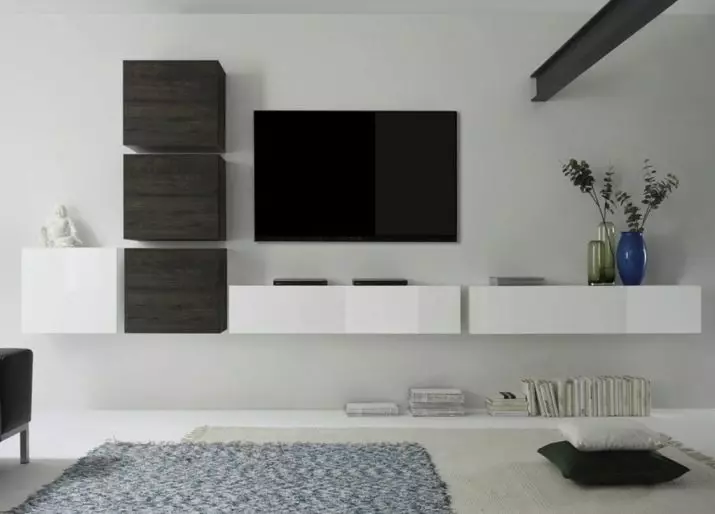 Paredes debajo del televisor en la sala de estar (62 fotos): seleccione las paredes debajo de la televisión en un estilo moderno y moderno. Modelos hechos de paneles de yeso bajo la televisión grande en el pasillo y otras opciones. 9761_50