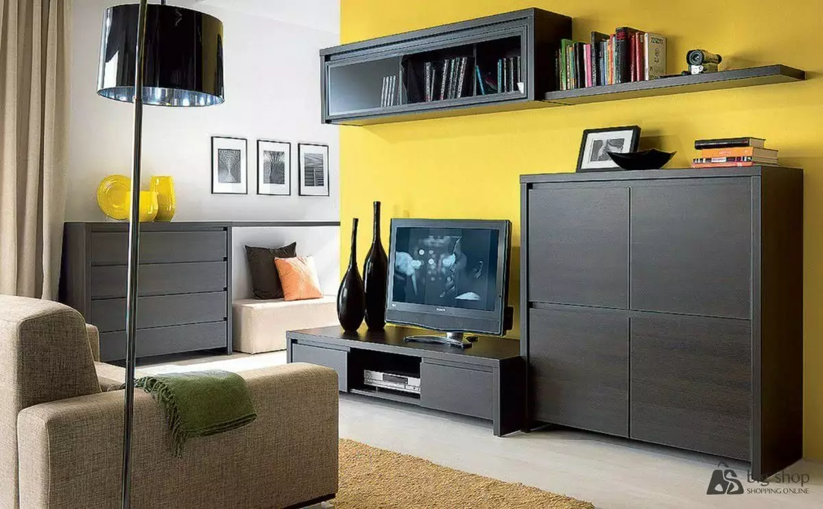 Paredes debajo del televisor en la sala de estar (62 fotos): seleccione las paredes debajo de la televisión en un estilo moderno y moderno. Modelos hechos de paneles de yeso bajo la televisión grande en el pasillo y otras opciones. 9761_54