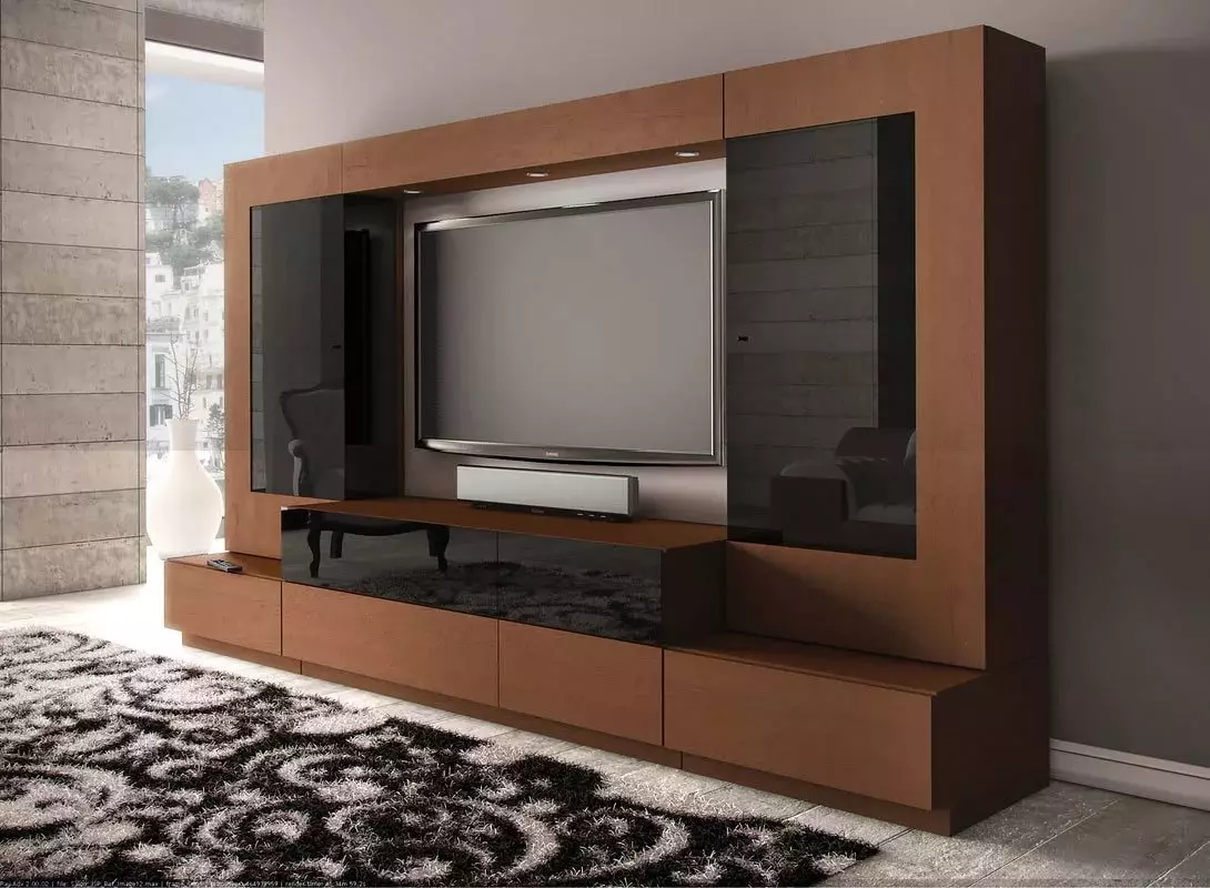 Стени под телевизора в хола (62 снимки): Изберете стените по телевизията в модерен и друг стил. Модели, изработени от гипсокартон под голямата телевизия в залата и други опции 9761_6