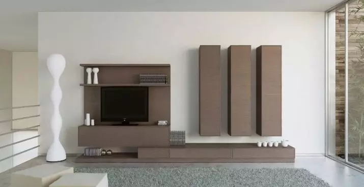 Tường dưới TV trong phòng khách (62 ảnh): Chọn các bức tường dưới TV trong một hiện đại và khác phong cách. Mô hình làm bằng vách thạch cao dưới TV lớn trong hội trường và các tùy chọn khác 9761_61