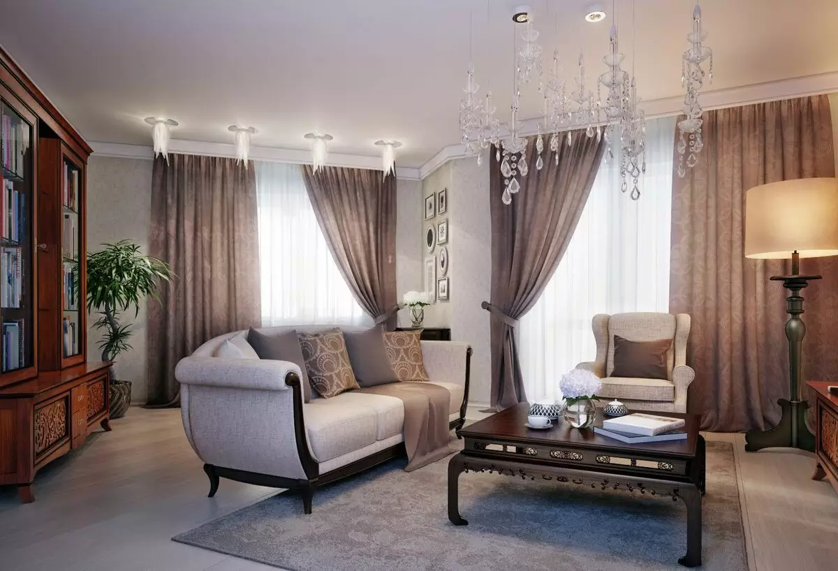 Cortines a la sala d'estar de l'estil clàssic (52 fotos): Com triar les cortines clàssiques per a la sala interior? Exemples de disseny bells 9767_40