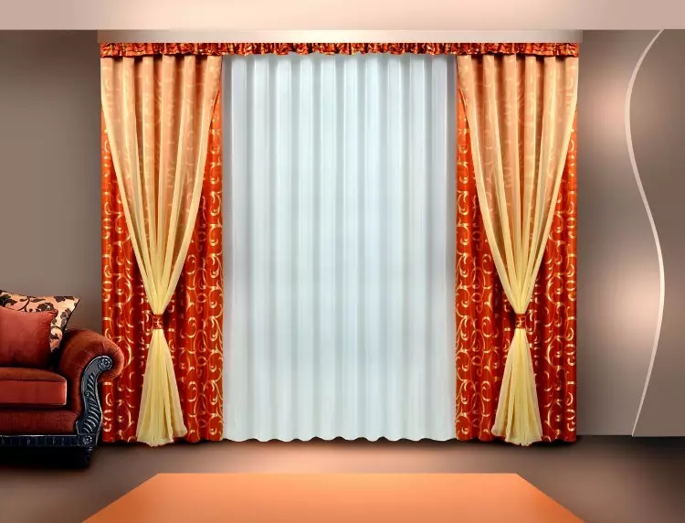 Tirai malam untuk aula (39 foto): Desain tirai untuk langit-langit cornice di ruang tamu, tirai ganda dengan dasi 9768_25