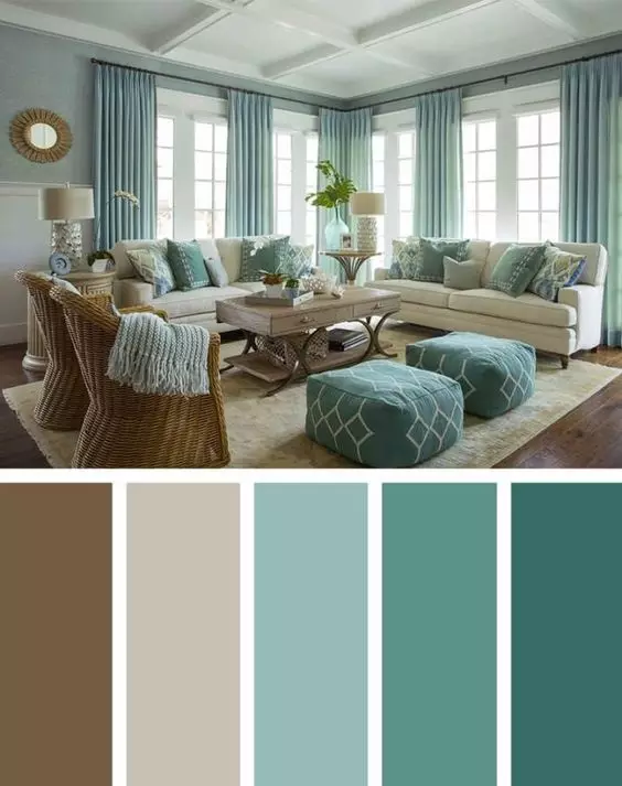Tirkīza aizkari dzīvojamā istabā Interjers (55 fotoattēli): tirkīza aizkaru kombinācija ar tumšu, gaismu un bēša interjeru, skaisti dizaina piemēri 9770_14