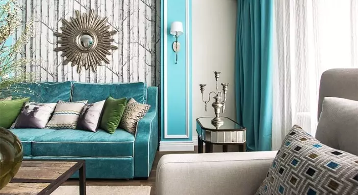 Turkos gardiner i vardagsrummet Inredning (55 bilder): En kombination av turkos gardiner med mörkt, lätt och beige interiör, vackra designexempel 9770_4