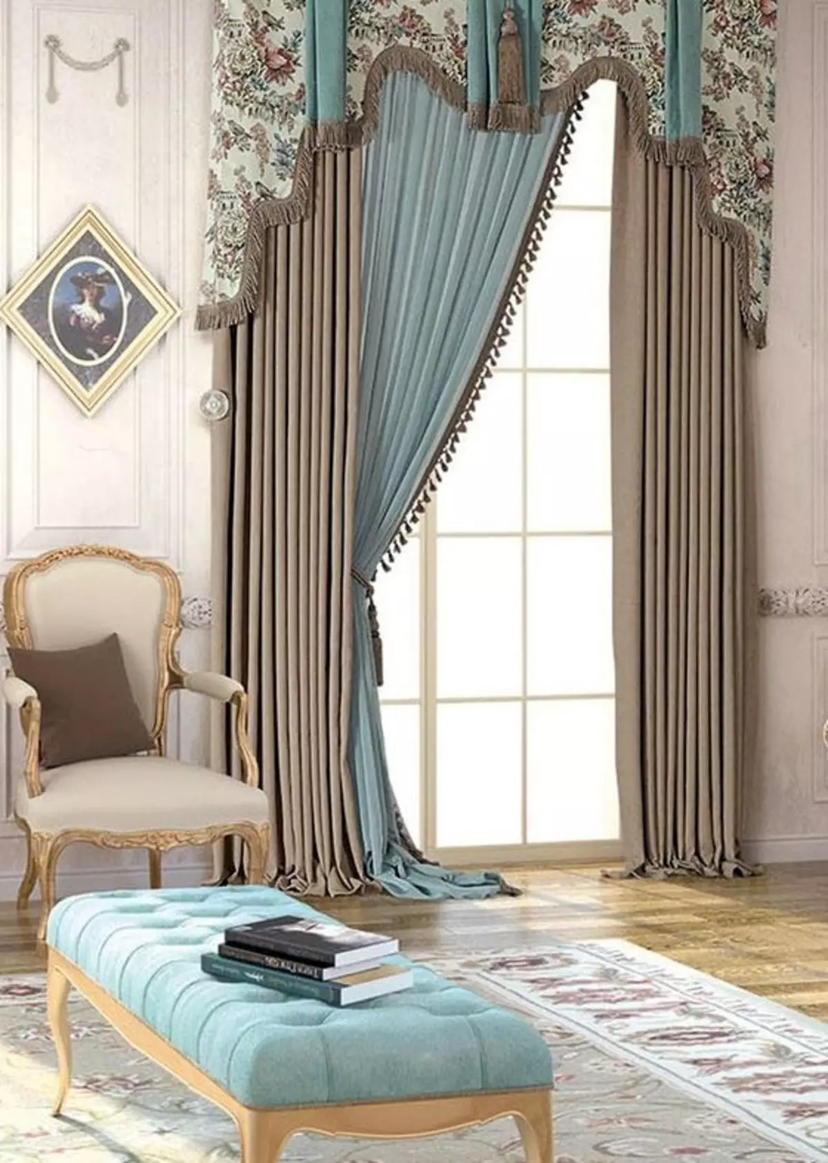 Turkizne zavese v notranjosti dnevne sobe (55 fotografij): Kombinacija turkiznih zaves s temnim, lahkim in bež notranjostjo, čudovitimi primeri oblikovanja 9770_44