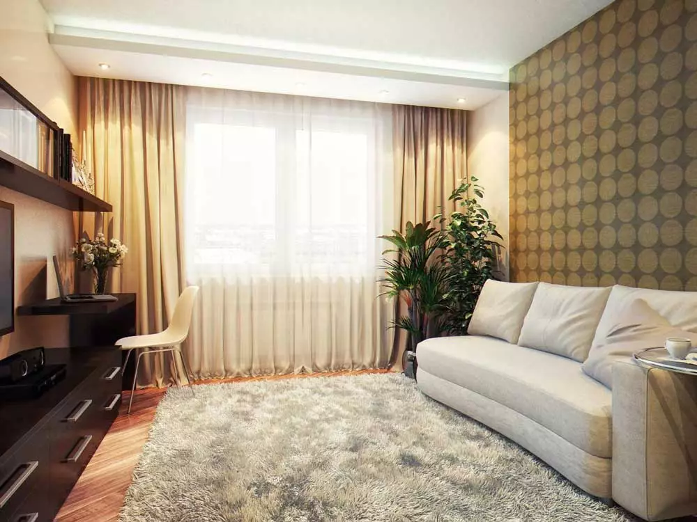 客厅里的窗帘（148张照片）：普通公寓的大厅里美丽的窗帘。什么应该是最佳的窗帘长度？最佳款式2021.村屋的丰富和简单的模型，带Lambrequins。普罗旺斯风格的窗帘应该合并什么？ 9778_115