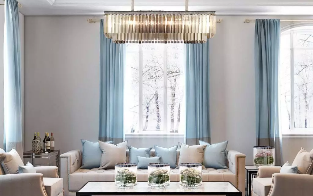 客厅里的窗帘（148张照片）：普通公寓的大厅里美丽的窗帘。什么应该是最佳的窗帘长度？最佳款式2021.村屋的丰富和简单的模型，带Lambrequins。普罗旺斯风格的窗帘应该合并什么？ 9778_135