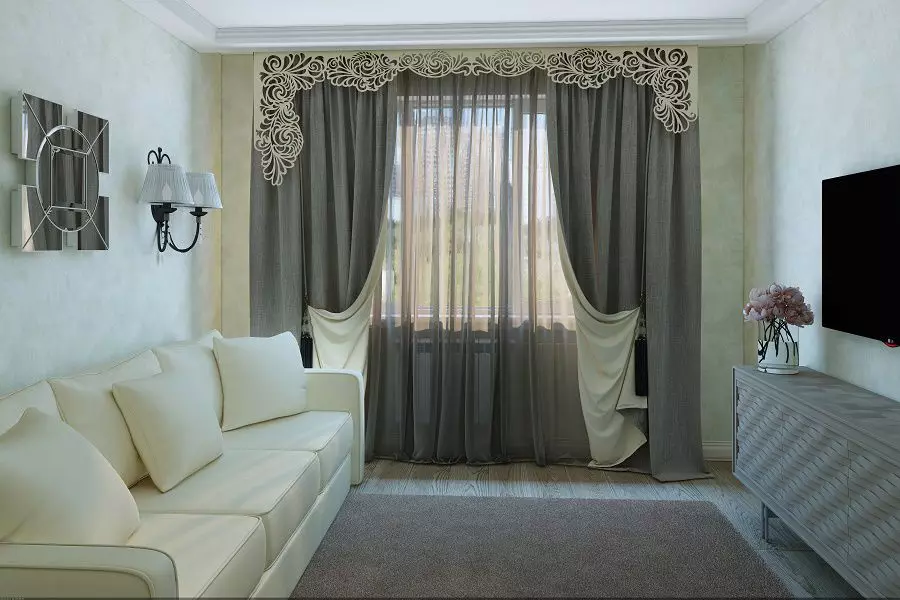 客厅里的窗帘（148张照片）：普通公寓的大厅里美丽的窗帘。什么应该是最佳的窗帘长度？最佳款式2021.村屋的丰富和简单的模型，带Lambrequins。普罗旺斯风格的窗帘应该合并什么？ 9778_139