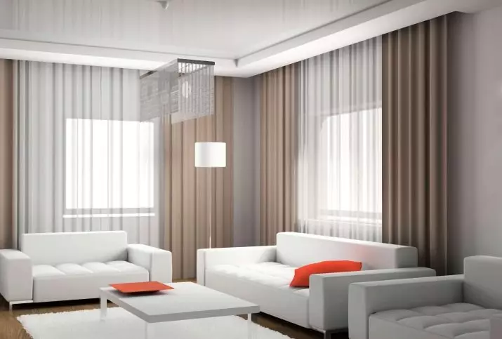 客廳裡的窗簾（148張照片）：普通公寓的大廳里美麗的窗簾。什麼應該是最佳的窗簾長度？最佳款式2021.村屋的豐富和簡單的模型，帶Lambrequins。普羅旺斯風格的窗簾應該合併什麼？ 9778_2