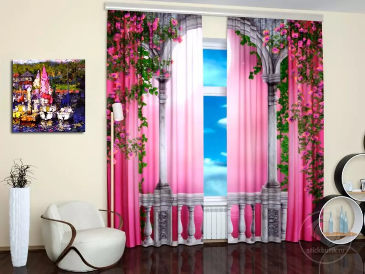 客厅里的窗帘（148张照片）：普通公寓的大厅里美丽的窗帘。什么应该是最佳的窗帘长度？最佳款式2021.村屋的丰富和简单的模型，带Lambrequins。普罗旺斯风格的窗帘应该合并什么？ 9778_46