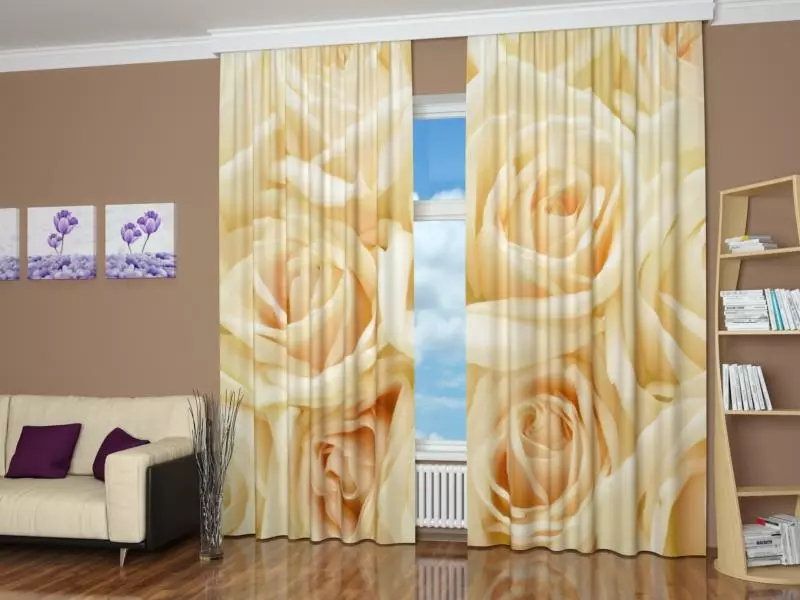 客厅里的窗帘（148张照片）：普通公寓的大厅里美丽的窗帘。什么应该是最佳的窗帘长度？最佳款式2021.村屋的丰富和简单的模型，带Lambrequins。普罗旺斯风格的窗帘应该合并什么？ 9778_47