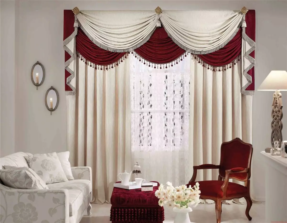 客廳裡的窗簾（148張照片）：普通公寓的大廳里美麗的窗簾。什麼應該是最佳的窗簾長度？最佳款式2021.村屋的豐富和簡單的模型，帶Lambrequins。普羅旺斯風格的窗簾應該合併什麼？ 9778_85