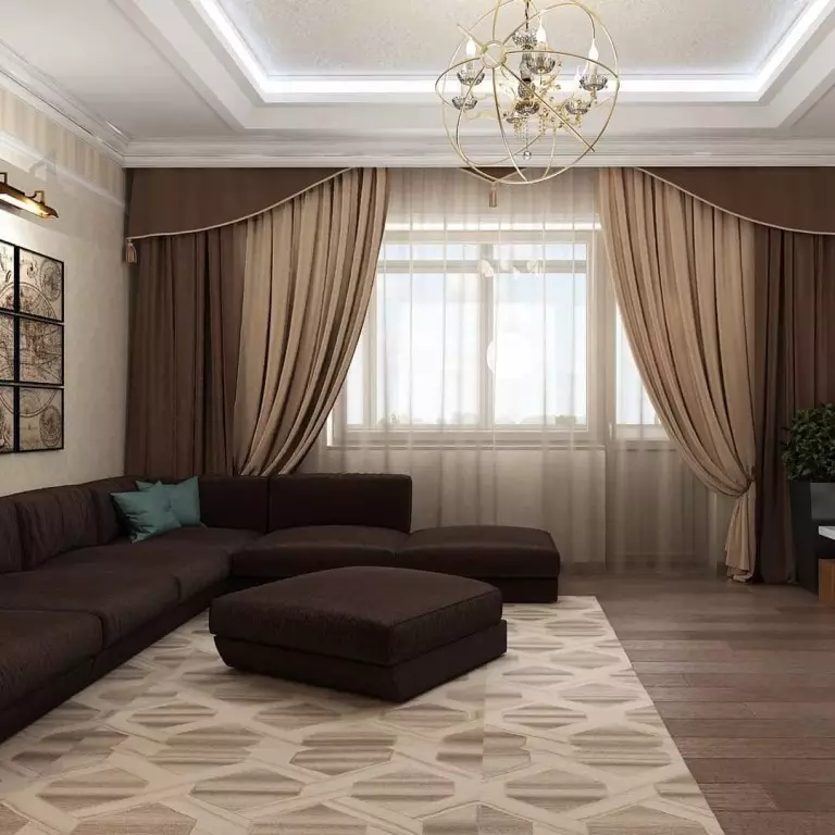 在客廳裡的棕色窗簾（26張）：大廳內部的深褐色和淺棕色窗簾。有趣的組合 9788_11